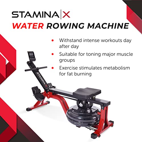 Stamina X Water Rower - Rower Machine with Smart Workout App - Dynamic Water Resistance - Black / Red
