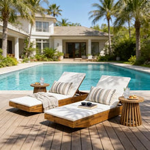 Merax 2 PCS Outdoor Lounge Chaise with 2-Fold Thin Cushions, Teak Finish Acacia Wood Lounge Chair Lounge with Cream Cushion for Outdoor Furniture Pool Lawn Deck(Shipped in 2 Boxes)