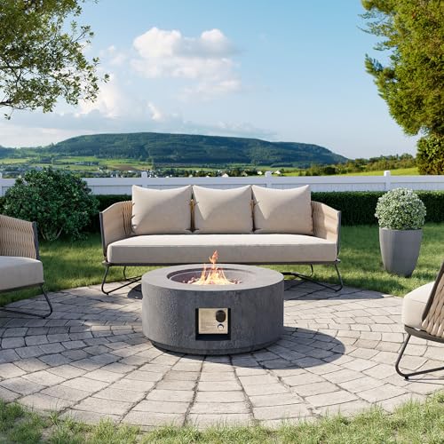 Cosiest Propane Fire Pit for Outside, 28 in Round Gas Fire Pits for Outdoor Patio, Certified, 50000 BTU Concrete Rectangle Base with Rain Cover, Free Lava Rocks