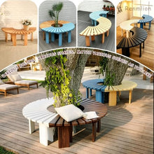 Renmlion Semi-Circular Tree Seat Wrap Around｜Outdoor Garden Slatted Bench Solid Wood Furniture Tree Bench｜All-Weather Plant Stand Rack Curved Patio Seating Chair