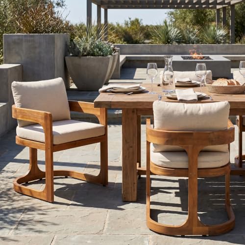 Christopher Knight Home Zeke Outdoor Dining Chairs Set of 2, Acacia Wood Dining Chairs with Water-Resistant Cushions, Patio Side Chairs with U-Shaped Sled Base & Curved Armrests, Beige + Teak