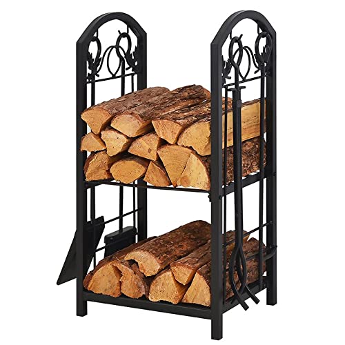 WXPWAMZ Double Decker Firewood Log Rack With Fireplace Tools Sets, Black Stand Alone Wood Holder, For Patio Backyard Indoor Outdoor