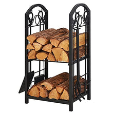 WXPWAMZ Double Decker Firewood Log Rack With Fireplace Tools Sets, Black Stand Alone Wood Holder, For Patio Backyard Indoor Outdoor