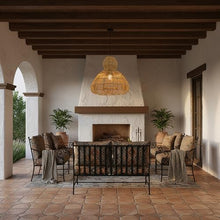 Modern 1-Light Matte Black Outdoor Coastal Boho 20 in. Scalloped Pendant Light for Patio with Beige Wicker Rattan Shade