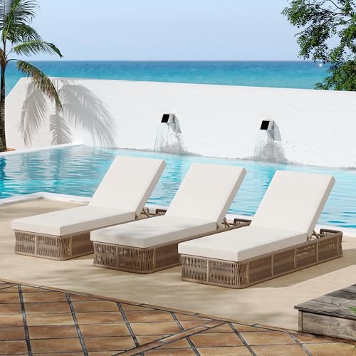 Christopher Knight Home Xayo Set of 3 Patio Chaise Lounge Chair Outdoor with 4-Thick Cushion, Metal Poolside Sun Lounger with Cross-Weave Rope Accent, Adjustable Backrest Pool Lounger, Beige + Cream