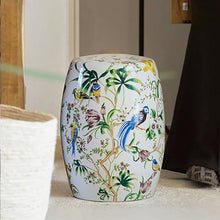 DESALAI Decorative Drum Stool with Flowers & Butterflies - Glazed Ceramic Bohemian Garden Seat for Patio and Living Room