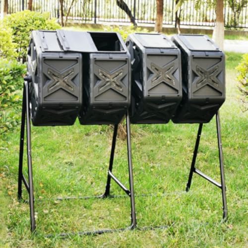 Compost Bin Outdoor, Large Tumbling Rotating Composter with Sliding Doors, Metal Frame and PE Shell, Four Chamber Composter Bin for Garden, Kitchen, and Yard Waste