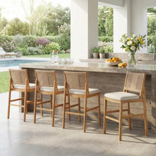 Outdoor Acacia Wood Barstools w/Wicker Back for Garden, Rustic Counter Height Bistro Chairs w/Removable Cushions for Balcony, Wooden Pub Chairs w/Backrest for Porch, Deck, Set of 2/4 (Brown-4pcs)