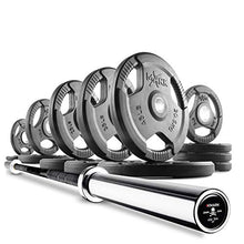 XMark Combo Offer 255 lb Set of Premium Quality Rubber Coated TRI-GRIP Olympic Weight Plates XM-3377 with 7 ft Deadlift VOODOO Commercial Olympic Bar