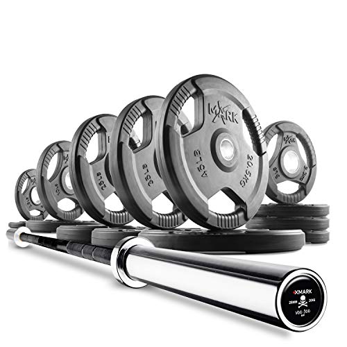 XMark Combo Offer 255 lb Set of Premium Quality Rubber Coated TRI-GRIP Olympic Weight Plates XM-3377 with 7 ft Deadlift VOODOO Commercial Olympic Bar