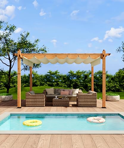 GarveeLife 10 x 13 ft Wood-Grain Aluminum Pergola Outdoor Pergola with Retractable Canopy Sun Shade Shelter for Garden, Patio, Backyard, Deck - Beige