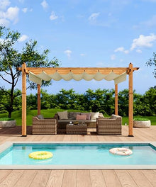 GarveeLife 10 x 13 ft Wood-Grain Aluminum Pergola Outdoor Pergola with Retractable Canopy Sun Shade Shelter for Garden, Patio, Backyard, Deck - Beige