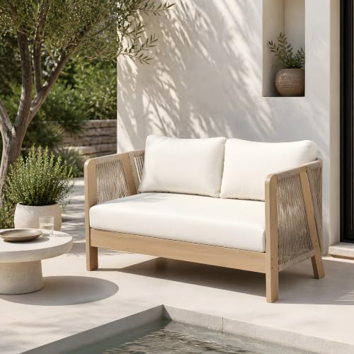 Christopher Knight Home Dalba Acacia Wood Outdoor Loveseat Sofa, Solid Wood Patio 2 Seater Sofa with Removable Cushion, Comfy Lounge Sofa Outdoor, Hand-Woven Rope Accent, Light Teak+Beige