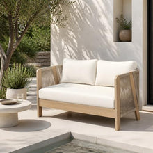 Christopher Knight Home Dalba Acacia Wood Outdoor Loveseat Sofa, Solid Wood Patio 2 Seater Sofa with Removable Cushion, Comfy Lounge Sofa Outdoor, Hand-Woven Rope Accent, Light Teak+Beige