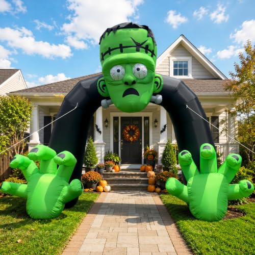Wellcomer 14FT Halloween Inflatable Archway with Built-in Blower, Blow Up Frankenstein Entrance Arch with Giant Claw Hands for Yard, Haunted House & Halloween Party Decor