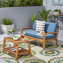 Great Deal Furniture GDFStudio Outdoor Teak Finished Acacia Wood Loveseat and Coffee Table Set with Blue Water Resistant Cushions