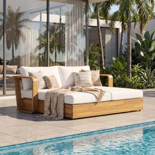 Merax Outdoor Daybed Patio Sofa Bed, Acacia Wood 2-Seater Patio Sofa with Thick Cushions, Teak Finish Outdoor Loveseat Daybed with Detachable Pillows for Poolside, Backyard, Porch & Sunroom