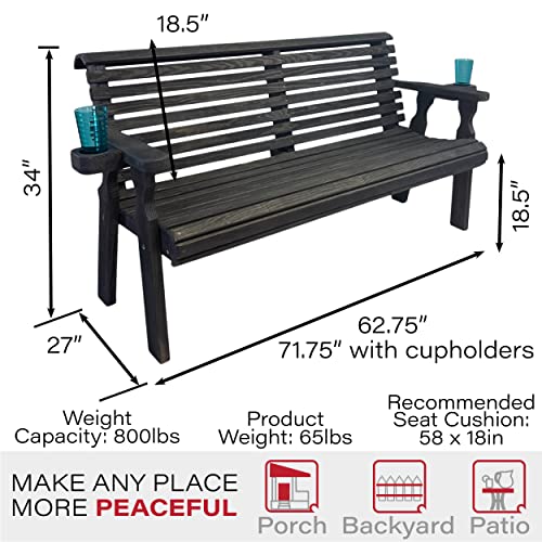 Amish Casual Heavy Duty Pressure Treated 5 Foot Outdoor Garden Bench with Cup Holders - Amish Crafted Roll Back Design in Black Stain, 700 Lb Weight Capacity