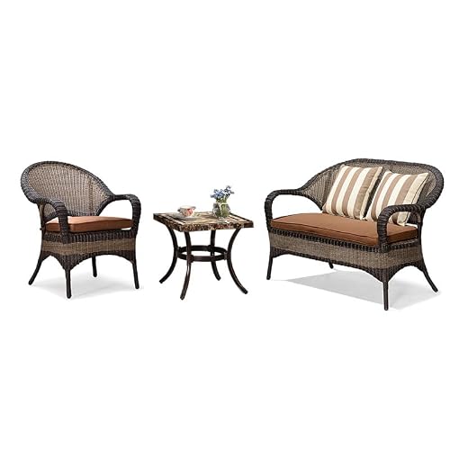 ESRADA PE Wicker Bistro Set, 3 Piece Outdoor Garden Furniture Set, Furniture Set Bistro Table Set with 2 Chairs and Glass Top Side Table for Garden Backyard Outdoor Patio U 1 Table and 2 Chairs