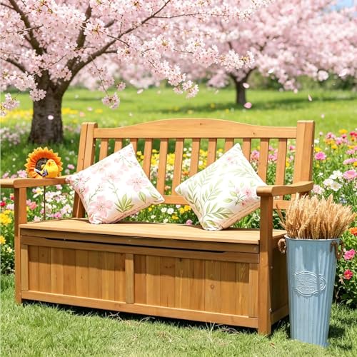 Jidanmian Deck Box Storage Bench, Patio Furniture, Solid Wood, Waterproof, with Armrest, 2-Person Outdoor Bench for Garden, Porch, Poolside for Porch, Backyard and Park(A)