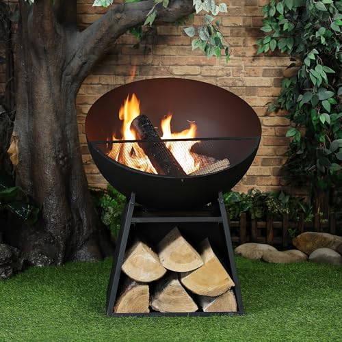 Deko Living 30 Inch Round Outdoor Steel Wood Burning Fire Pit with Black Powder Finish, Spark Screen, Poker Tool, and Protective Storage Cover