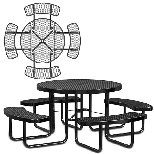 Leisure Craft 46" Round Metal Picnic Table with Bench for 8, Made in USA