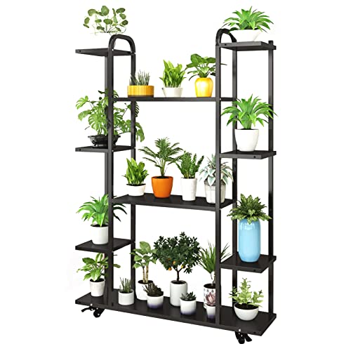 Plant Stand With Wheels | Indoor Outdoor Plant Shelves | Tiered Plant Shelf For Multiple Plants | Metal Plant Holder Multi-Tier Planter Pot Holder Flower Stand