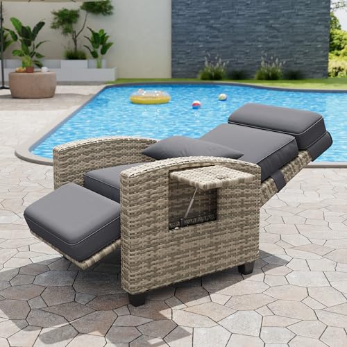 IDEALHOUSE Outdoor Recliner Chair, Reclining Patio Chairs with Adjustable Backrest & Footrest, Wicker Lounge Recliner Up to 150° with Flip-Up Table, Grey, Set of 1