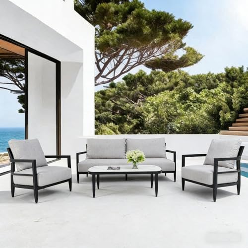 callmego Outdoor Conversation Set with Club Chairs and Bench Sofa, Sintered Stone Coffee Table for Patios