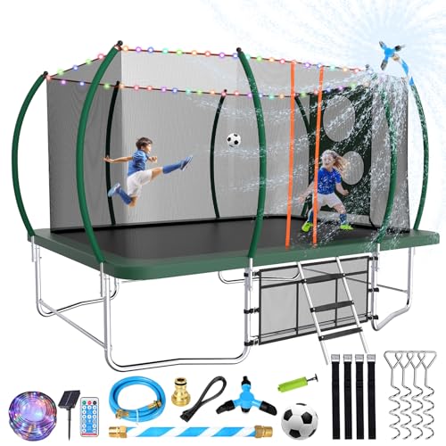Lyromix 14FT Outdoor Rectangle Trampoline with Curved Poles, Light, Sprinkler & Soccer Set Field Green