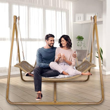 Hammock Swing Chair with Stand for Indoor,Outside, Anti-Rust Wood-Colored Frame 570 lbs Capacity with Cushion Oversized Double Hammock Chair for Balcony Patio Bedroom