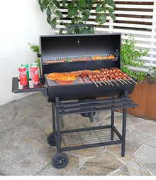 Charcoal Grill Barrel Style BBQ with Thermometer, Chrome-Plated Grates, Ash Catcher, Mobile Cart & Large Wooden Shelves for Outdoor Cooking