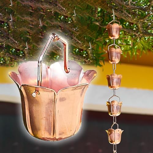 YUSIWOAL Adjustable Copper Rain Chain 1.5M, Hanging Drain Spout for Gutter, Japanese Style Water Leader with Flower Cups, Durable Outdoor Downspout for Balcony Garden Patio Yard Decor(2 m (6.5ft))