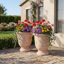 Christopher Knight Home Rewol Round Concrete Planter Set of 2, 2 Pack Garden Flower Pot with Drainage Hole, Floral Relif Patio Urn Planter for Outdoor Plants, Outdoor Planter Box, No Assembly, Beige