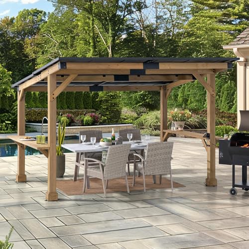 Sunjoy Wooden Grill Gazebo 10 ft. x 12 ft. Outdoor Cedar Frame with Metal Hardtop Roof and PowerPort Wood