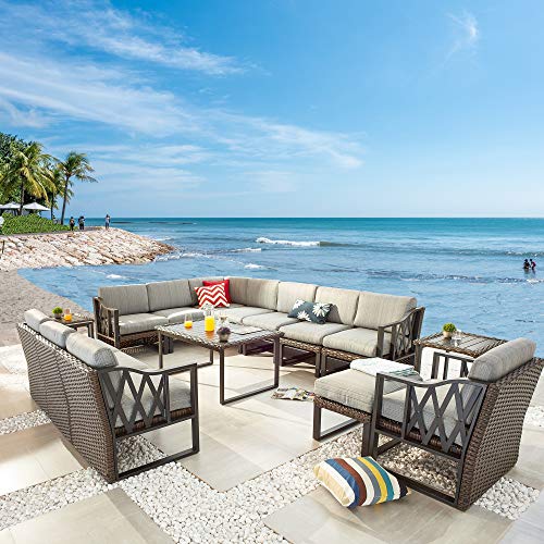 Festival Depot 15Pc Outdoor Patio Conversation Set with Sectional Corner Sofa, Wicker Ottoman, Metal Frame, and Grey Cushions