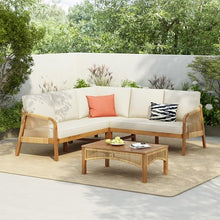 Merax 4-Pieces Outdoor Acacia Wood Patio Sectional Sofa Set, L Shape Couch with Coffee Table, Deep Seating with Soft Cushion, for Garden, Teak+ Beige