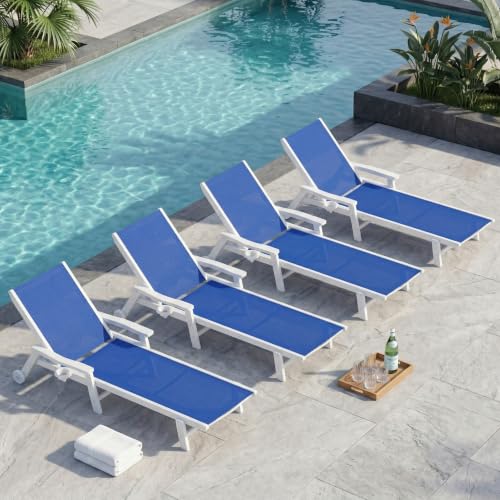 Outdoor HDPE Chaise Lounge Chairs Set of 4, Textilene Pool Loungers