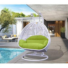 LeisureMod 2 Person Hanging Egg Chair, Indoor Outdoor Patio Lounge Swing with White Stand & UV-Resistant Cushions, Hammock Chair for Bedroom & Garden, Light Green