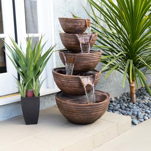 Alpine Corporation TZL101 Outdoor Floor 5-Tiered Bowl Fountain with LED Lights, Tiered Bowls Waterfall Fountain 34", Bronze