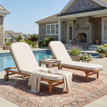 Christopher Knight Home Yeon Set of 2 Acacia Wood Chaise Lounge Chair Outdoor with Wooden Wheels, Adjustable Backrest Sun Lounger Recliner, Patio Outdoor Chaise Lounge with Cushion, Teak + Beige