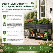2-Tier Elevated Metal Wicking Garden Bed with Lockable Wheels & Storage Shelf, Dark Gray Staggered Self-Watering Planter. Built-in tank feeds plants via capillary action for veggies, herbs, flowers