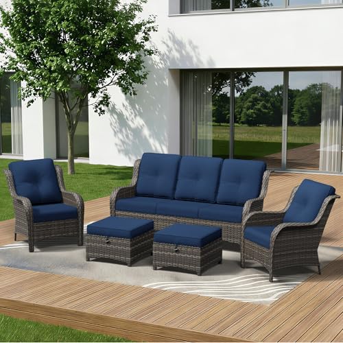 Gardenbee 5 Piece Outdoor Wicker Patio Furniture Set, Patio Chairs Set with Thickened Olefin Cushions, High Back and Deep Seating, Hand-Woven PE Rattan, Ottoman for Porch, Deck