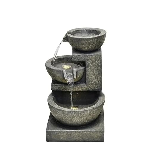 HIONJIN Outdoor Fountain with Stacked Stone Look Bowls, Cascading Waterfall Home Art Decor