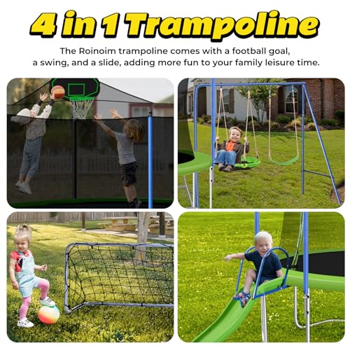 Roinoim 14FT Outdoor Trampoline with Swing, Slide, Basketball Hoop, Safety Enclosure, Ladder Green