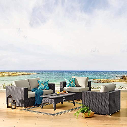 Modern Outdoor Patio Lounge Sofa, Chair and Coffee Table Fire Pit Set, Fabric Rattan Wicker, Beige