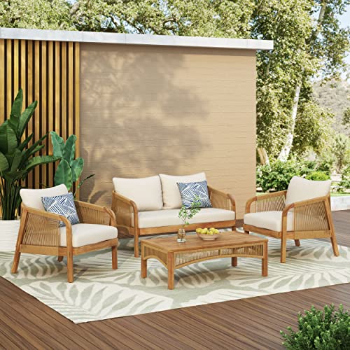 Merax 4-Piece Outdoor Acacia Wood Wicker Patio Conversation Set Beige