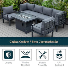 LeisureMod Chelsea Outdoor Patio 7-Piece Conversation Set with Fire Pit Table Black