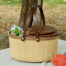 ZYBB Picnic Basket Easter Basket with Double Folding Handles Solid Wood Lid and Bottom Rattan Basket Grocery Basket 15X11x16 Inch(Color:Brown)