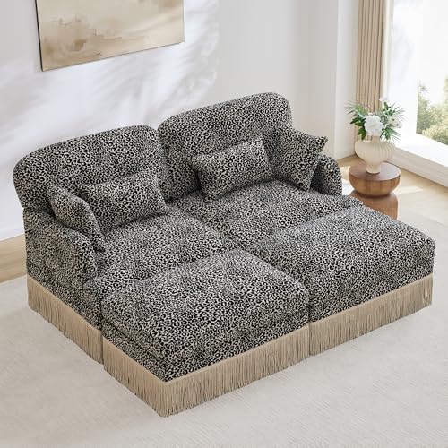 Spollowe 4-Pc Khaki Leopard Chenille Loveseat, Easy Assembly w/ 2 Ottomans